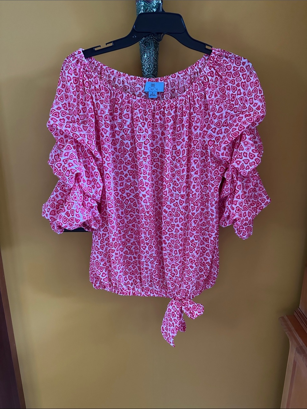 CeCe Pink Heart-Print Off-Shoulder Tie Hem Blouse